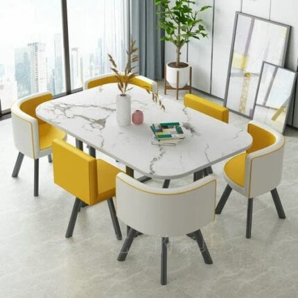 Imitation Marble Table with White Leather Chairs (Pre Order Only)